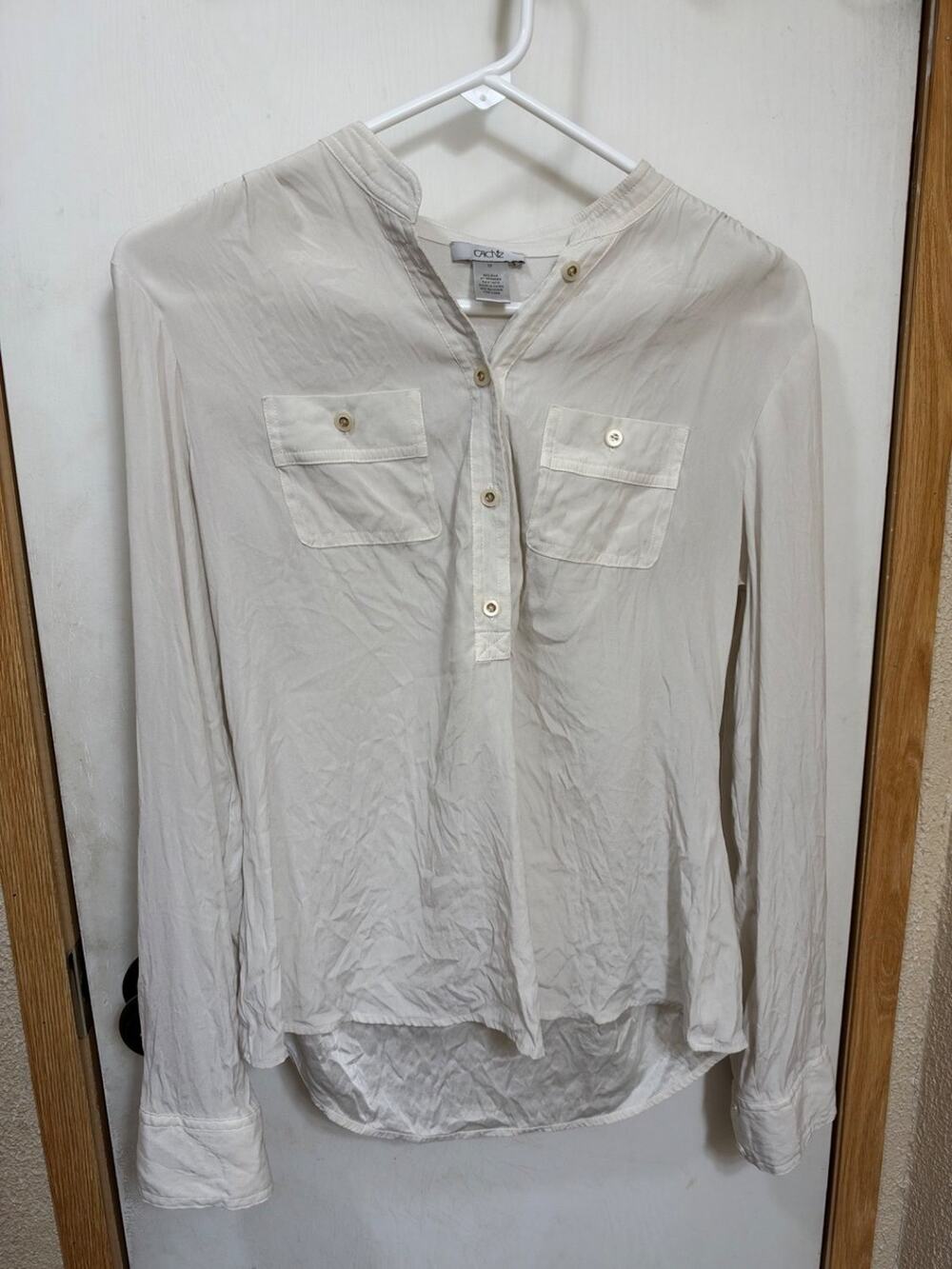Cache Blouse Womens M Ivory White Tunic Long Sleeve Silk Roll Tab